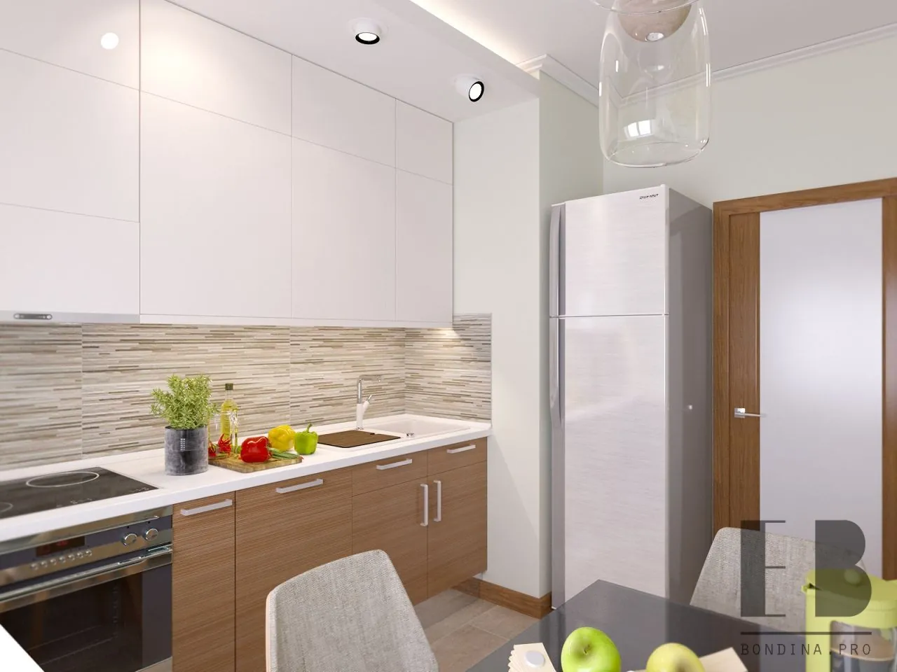 Modern kitchen with two-tone cabinets (white and wood), white countertop and beige glass mosaic tile backsplash