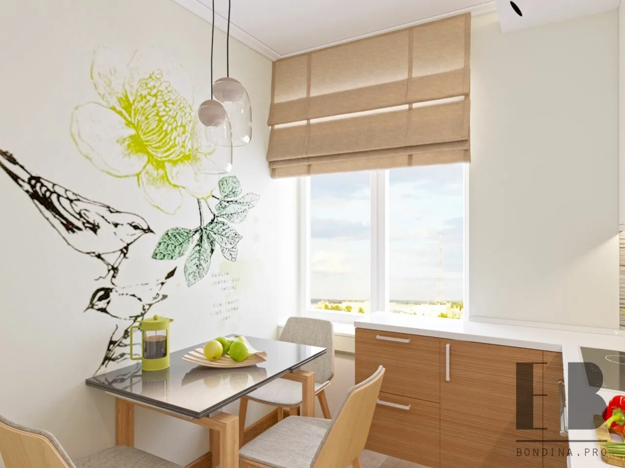 Tender white kitchen with birds and flowers painted on the wall, a glass table, wooden cabinets and roman curtains