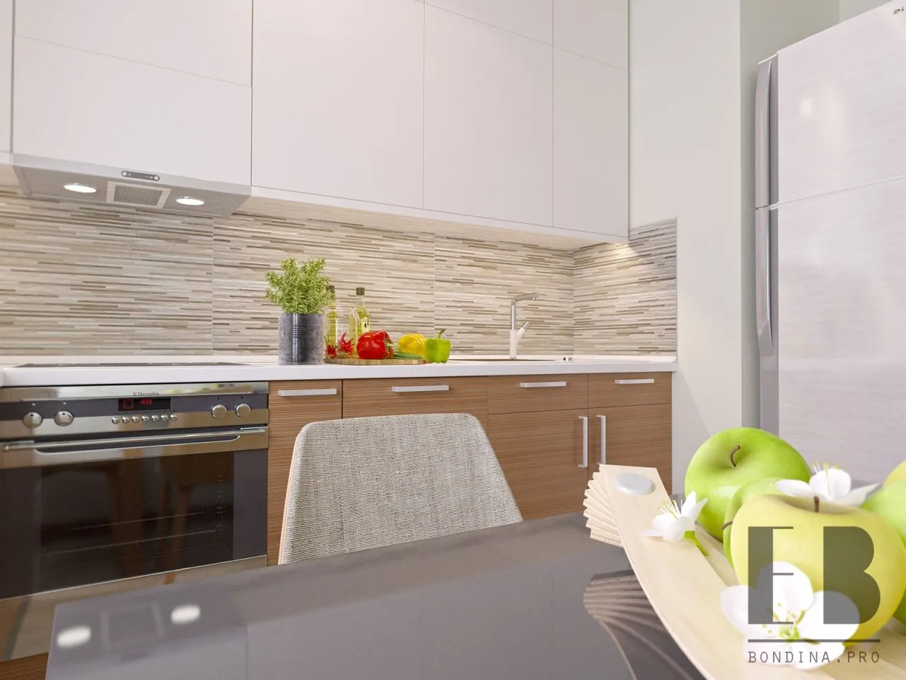 Modern kitchen with two-tone cabinets, white countertop and beige glass mosaic tile backsplash