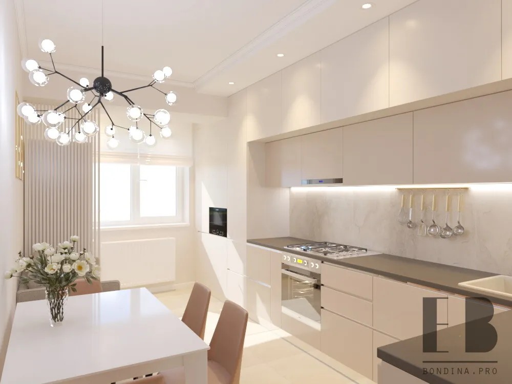 White kitchen with white floor and white countertop  combined with living room