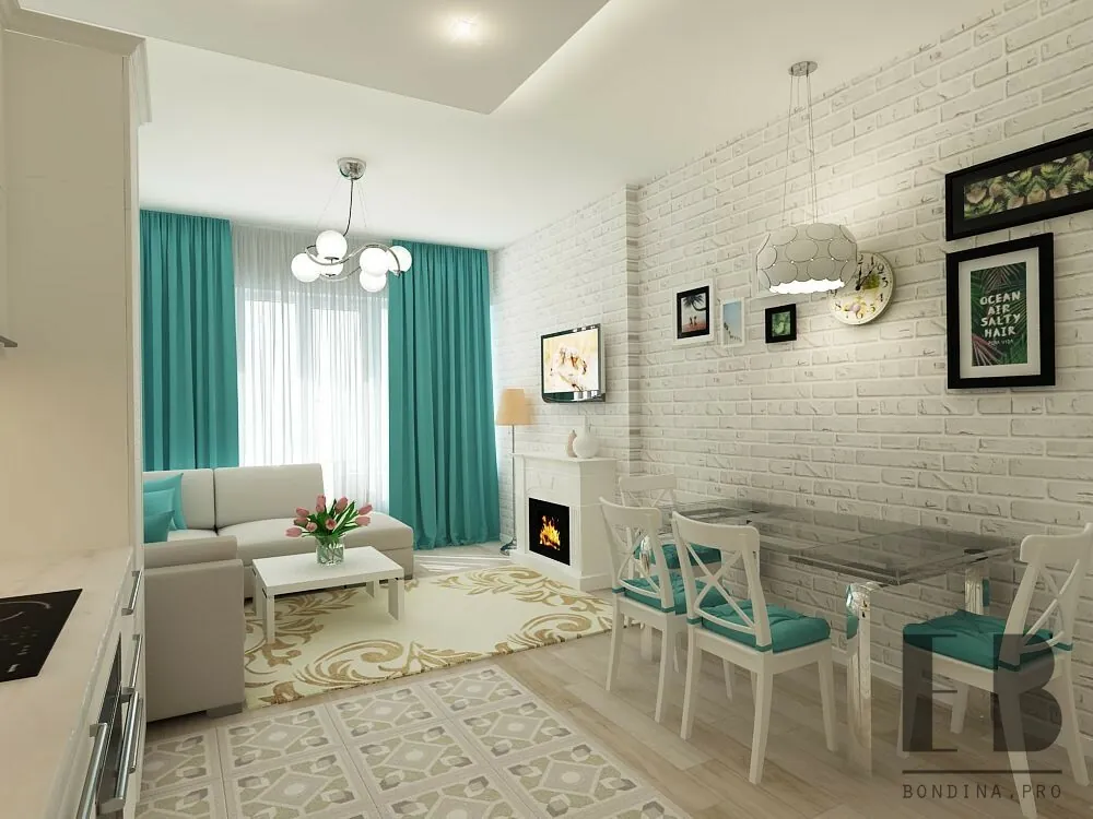 White living room with turquoise curtains and a fireplace