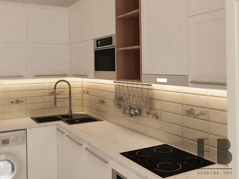 Modern white kitchen cabinets with white countertop and corner sink