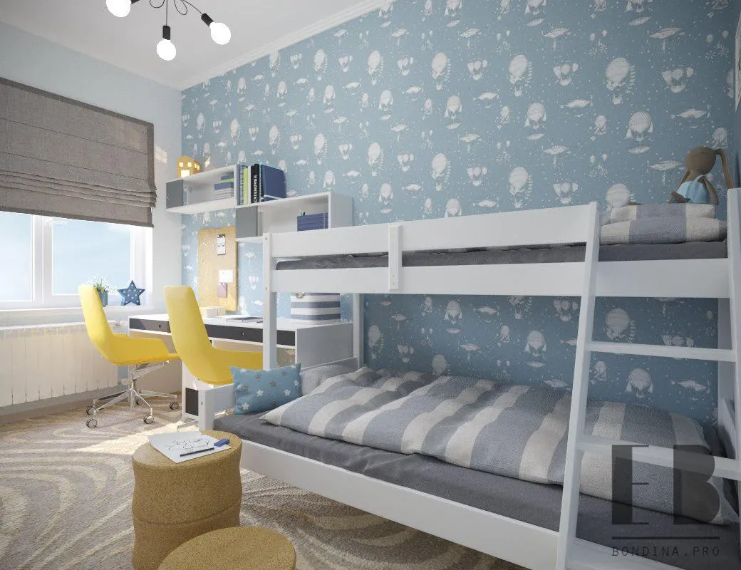 Children room in  white & blue color with bunk bed