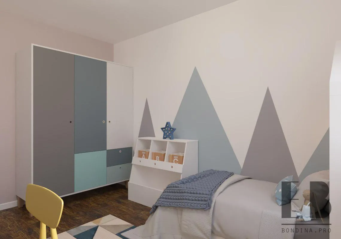 Baby room design in white and blue colors