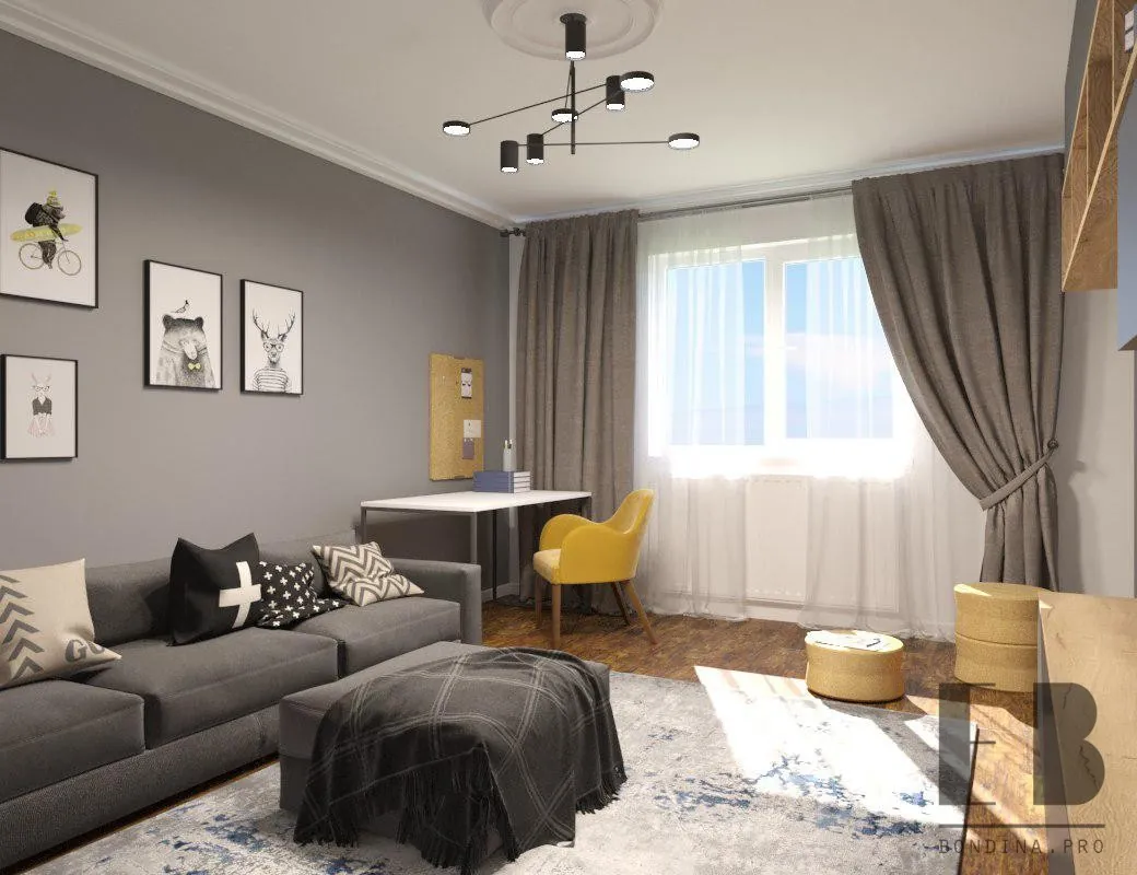 Modern and comfortable living room in grey color