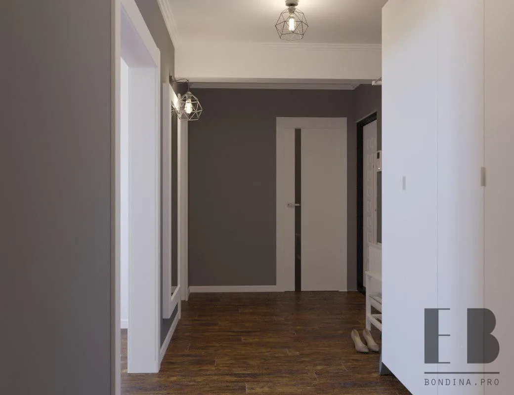 Grey hallway design with white doors