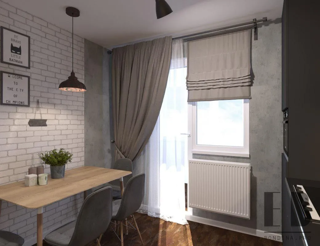 Grey kitchen with brick wall and pendant light