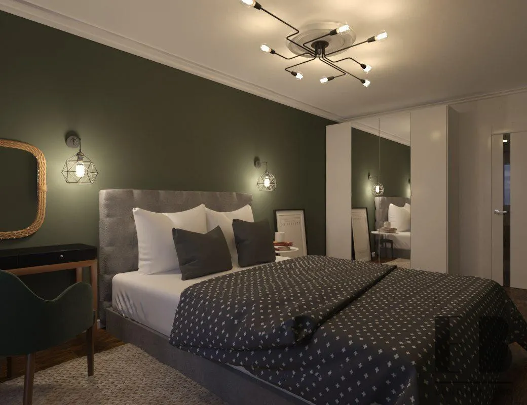 Дизайн спальни - зеленая с белым