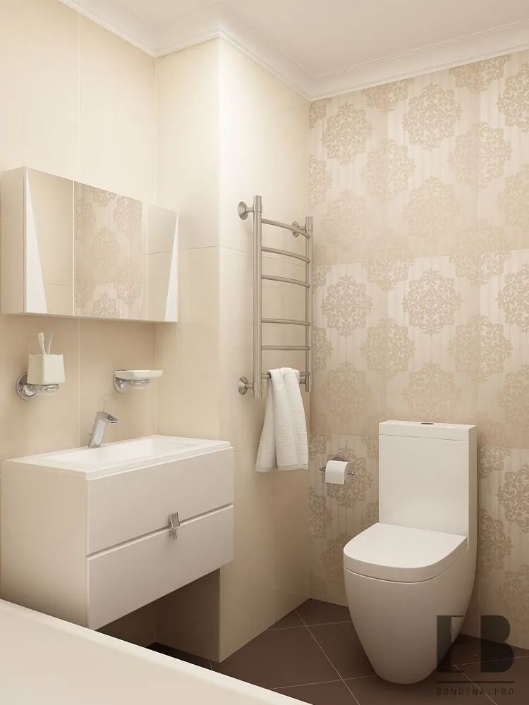 Beautiful bathroom design with mirror cabinet in beige colors