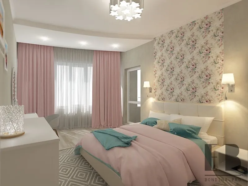 Beautiful master bedroom design with light pink curtains and white furniture