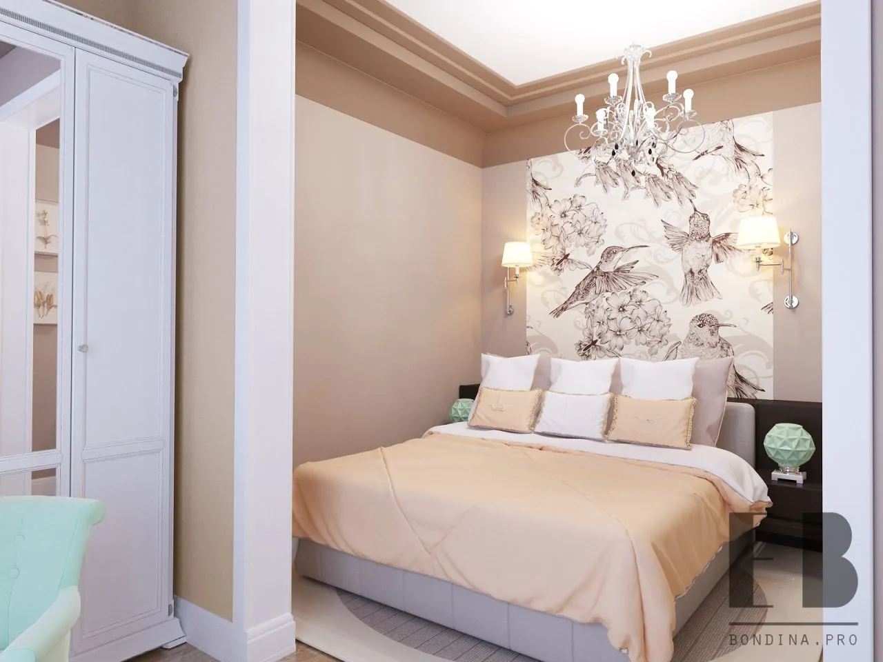 Beautiful Shared Master Bedroom and Nursery with painted birds and flowers in the wall