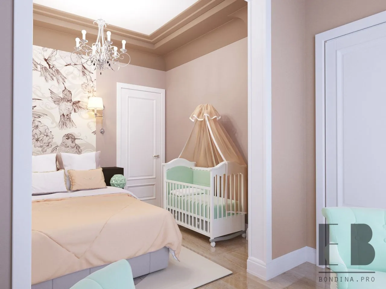 Светлая спальня родителей и ребенка дизайн