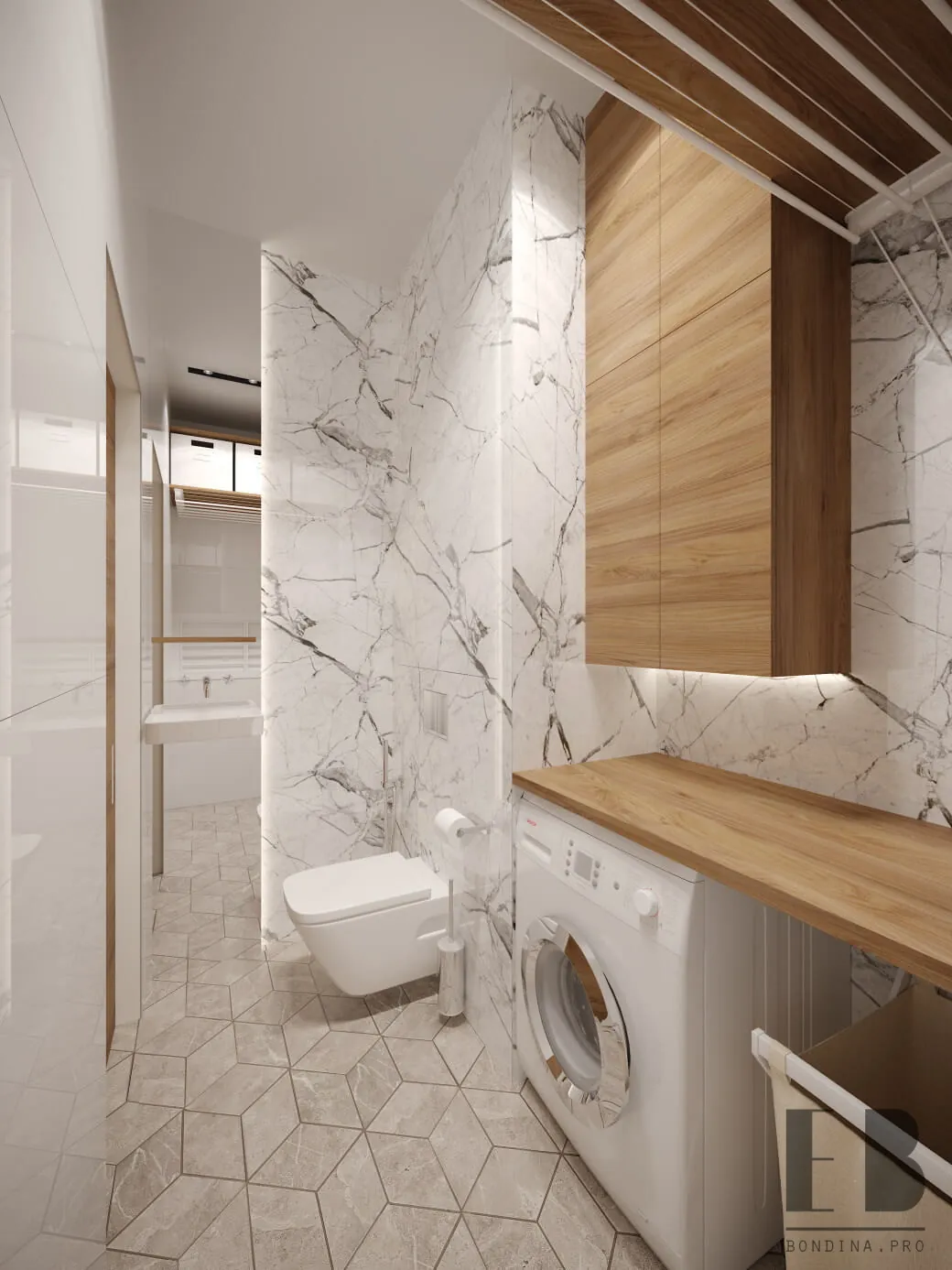 Дизайн белой ванной с мрамором и светлой деревянной мебелью