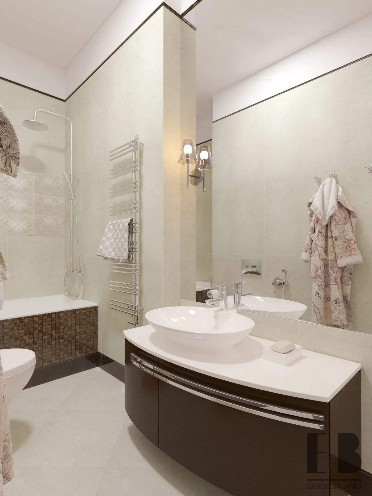 Black wood vanity and white vessel sink - Traditional bathroom interior