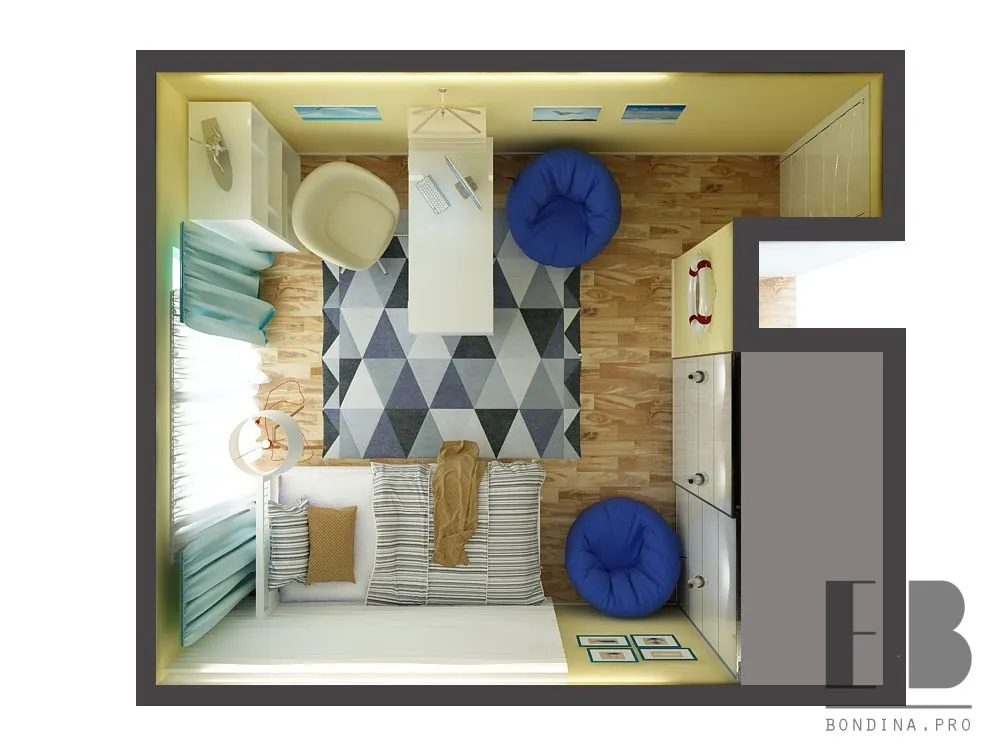 Teen beach themed room design 3-D plan