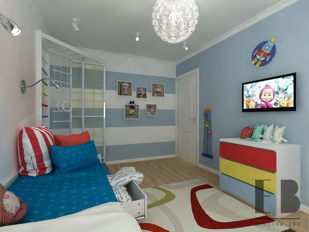 Children's room design in blue with red / yellow details and gymnastics corner