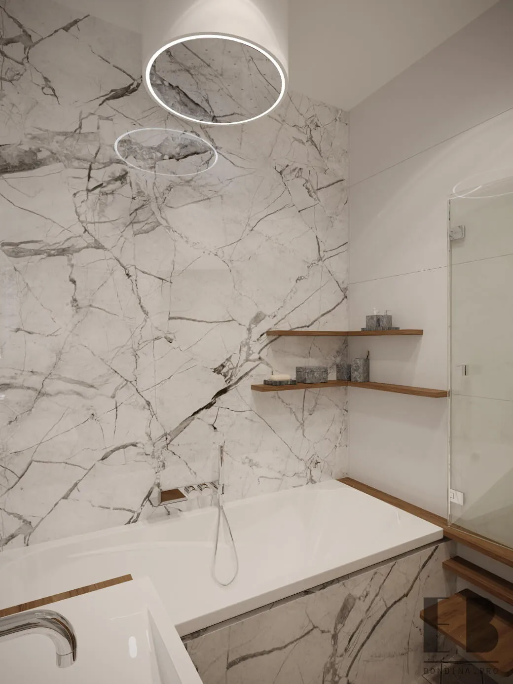 Белая ванная комната с мраморной отделкой и мебелью из светлого дерева