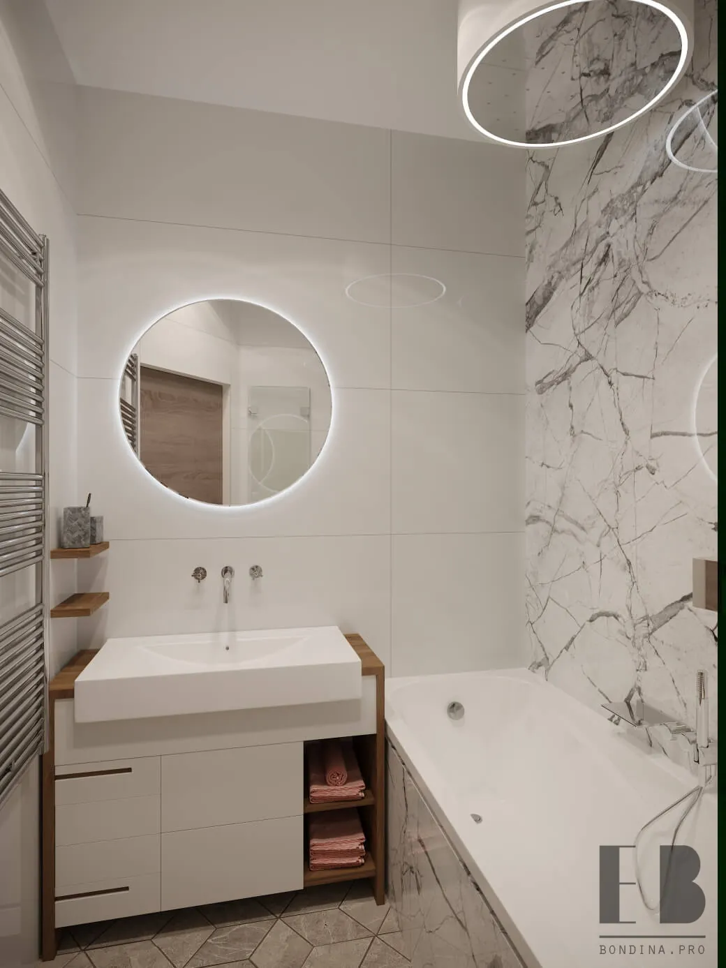 Modern marble bathroom with white vanity and LED mirror