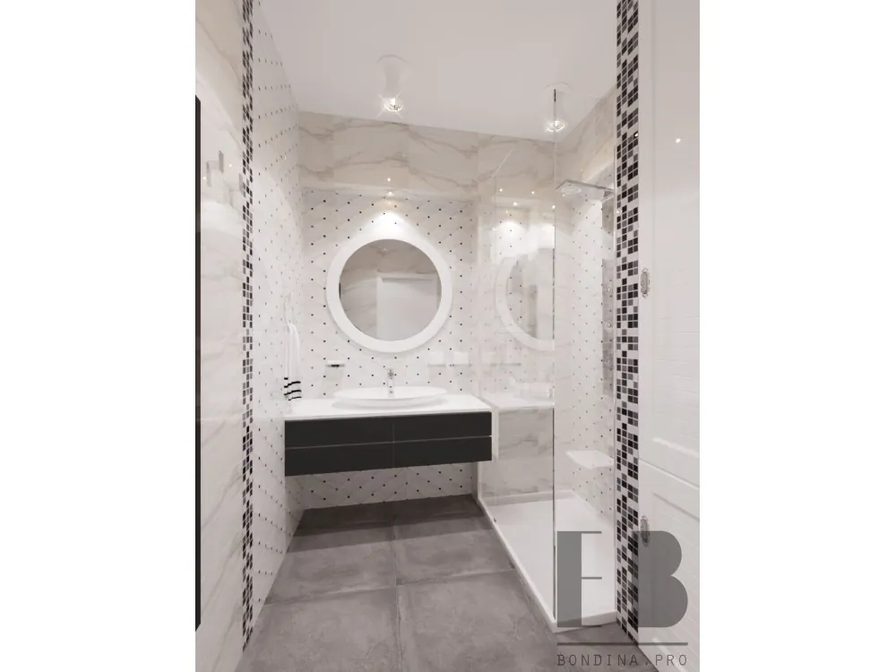 Бело черная ванная комната с зеркалом дизайн