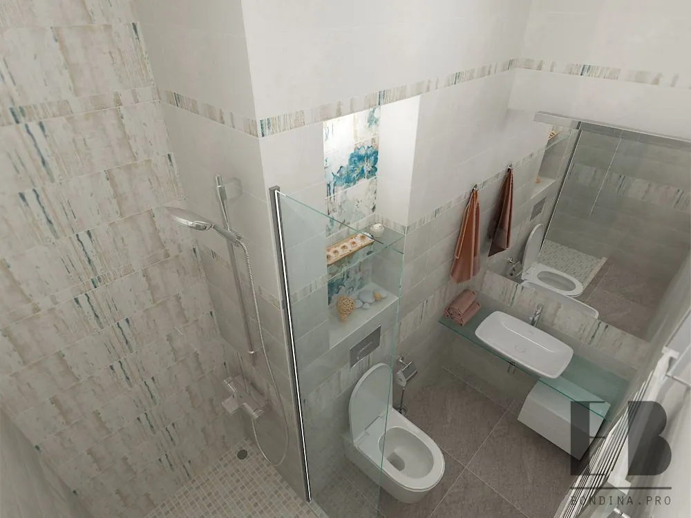 Beige bathroom design with a glass shower